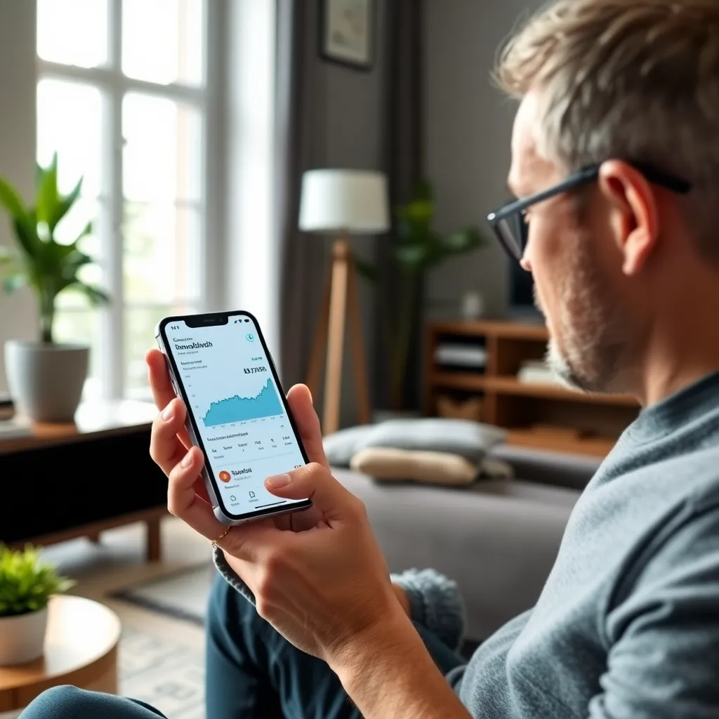 Persoon die investeert via mobiele app met diverse portfolio